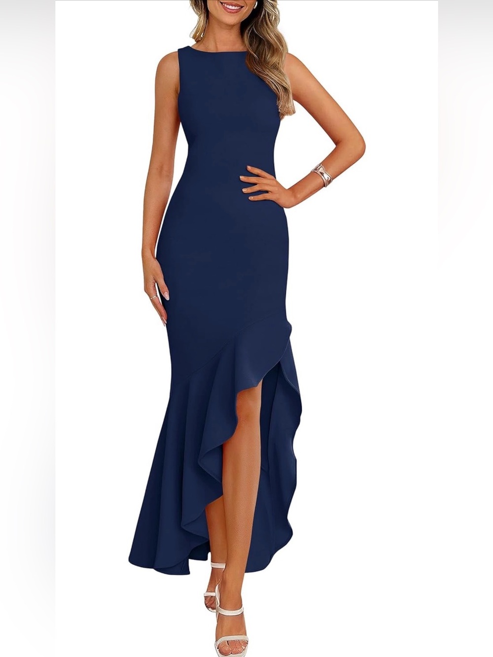 NWT Sleeveless Navy High-Low Ruffle Evening Dress Mermaid Cocktail, Medium